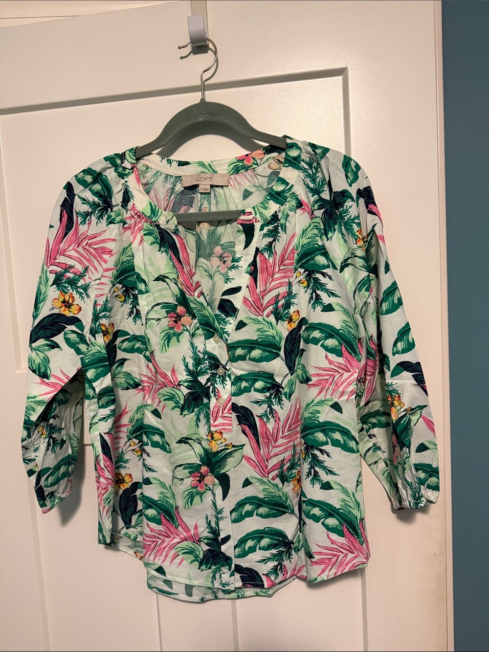 LOFT Pink & Green Tropical Print Blouse